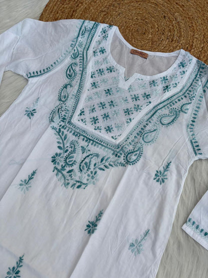 Zoya Cotton Lucknowi Handwork Chikankari Kurti - White Teal green Colour
