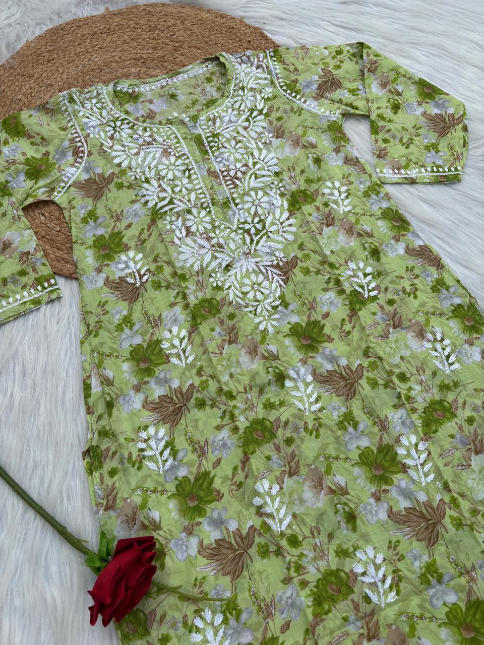 Alina Pure Mulmul Chikankari Handwork Kurti - Green Colour