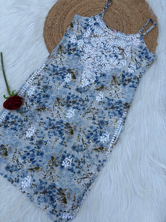 Hana Mulmul Chikankari Noodle Strap Short Kurti - Blue colour (Length - 38")