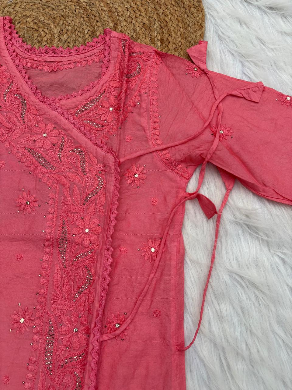 Naaz Chanderi Angrakha style Chikankari Kurti with Mukaish work -Gazri Colour