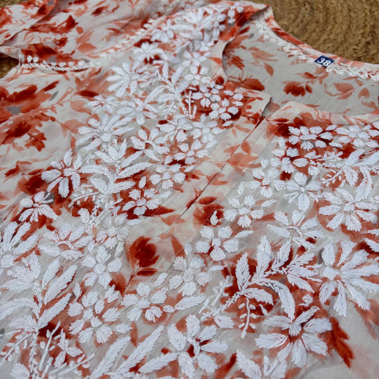 Amara Pure Mulmul Chikankari  Handwork Kurti -Orange Colour