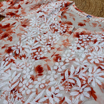 Amara Pure Mulmul Chikankari  Handwork Kurti -Orange Colour