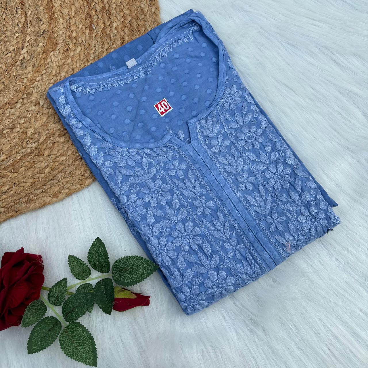 Aliya Dobby Cotton Nyra Cut Chikankari Aline Kurti - Ocean Blue