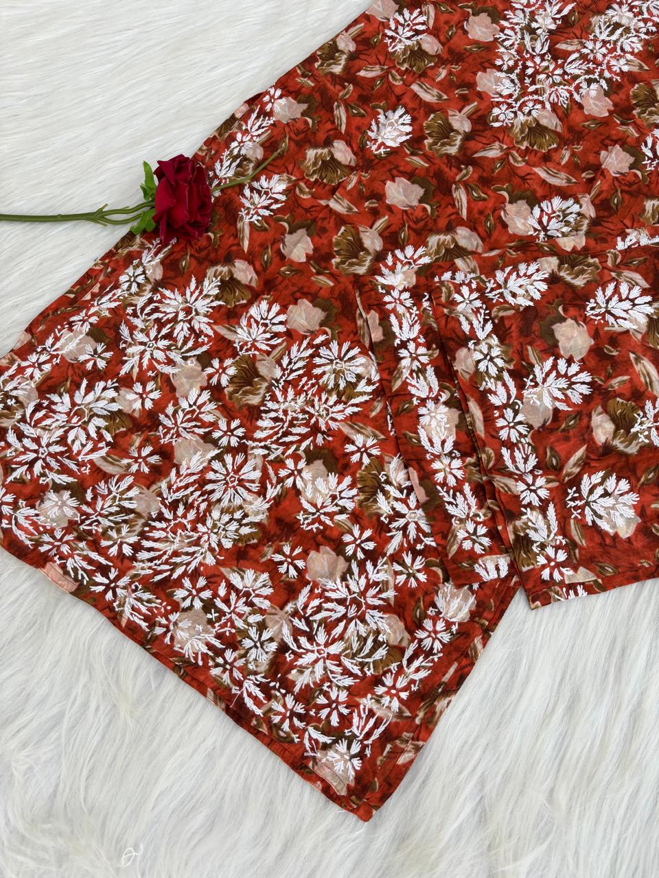 Elena Mulmul Cotton Handwork Chikankari Kurti Set - Terracotta Colour