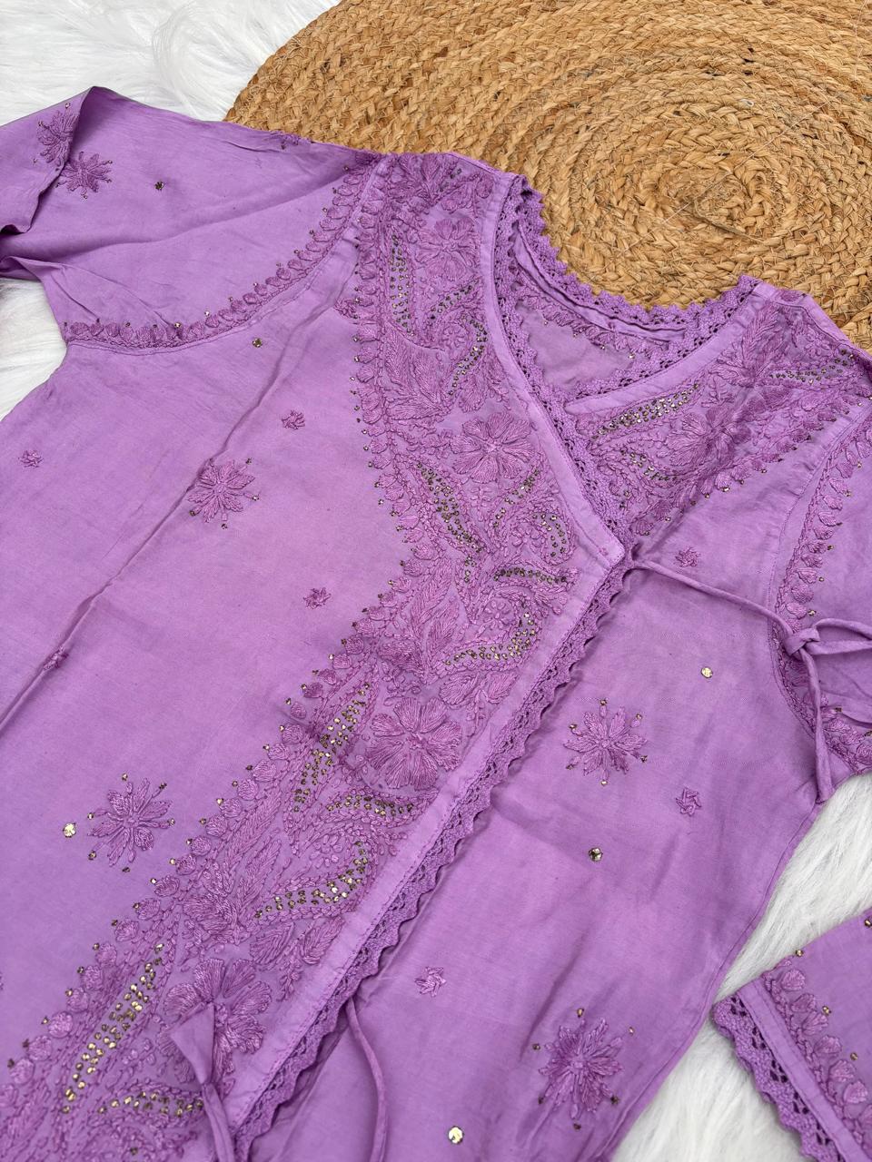 Naaz Chanderi Angrakha style Chikankari Kurti with Mukaish work - Purple Color