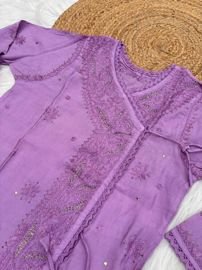 Naaz Chanderi Angrakha style Chikankari Kurti with Mukaish work - Purple Color