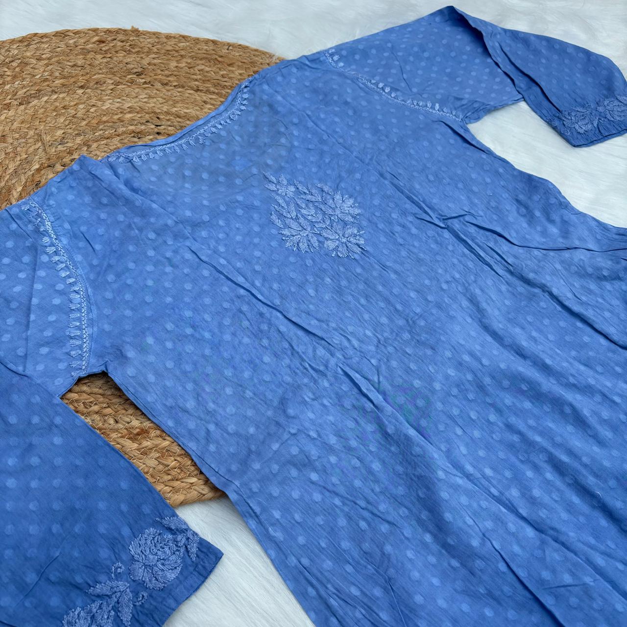 Aliya Dobby Cotton Nyra Cut Chikankari Aline Kurti - Ocean Blue