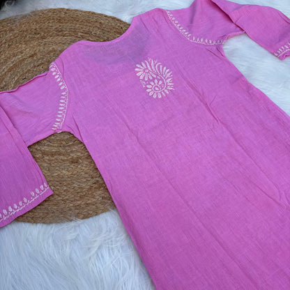 Isha Slub Cotton Chikankari Kurti -Baby Pink colour