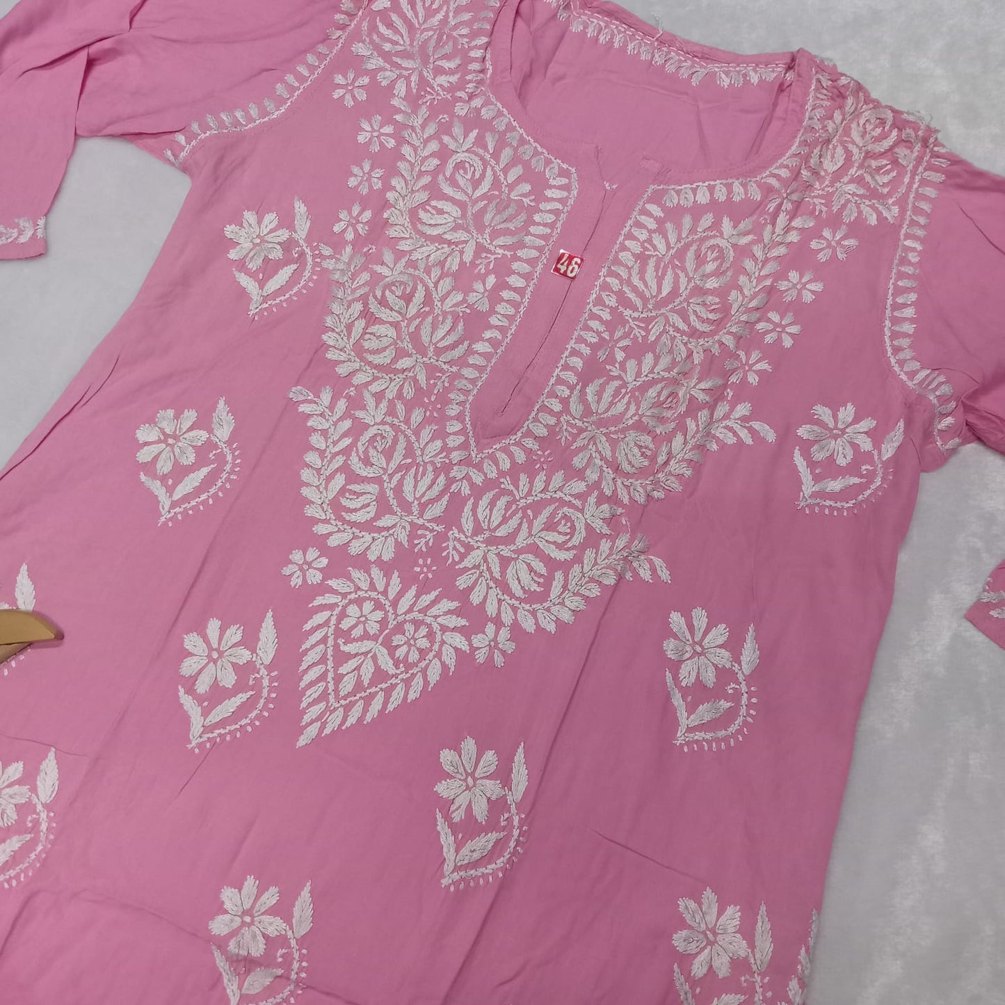 PURE RAYON KURTI PLAZO CHIKANKARI HANDWORK SET - PINK COLOUR