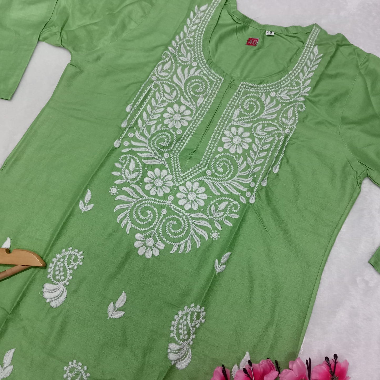 Rayon Chikankari Machine Work  Kurti Plazo Set- Green  Colour