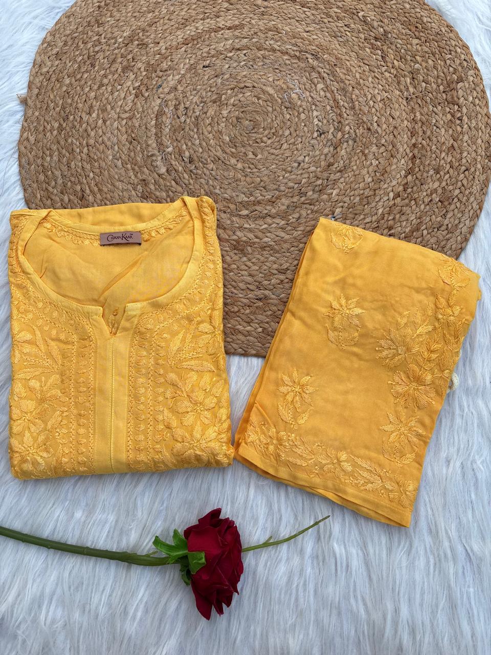 Azra Soft Rayon Dyeable Handwork Chikankari kurti Set - Yellow Colour
