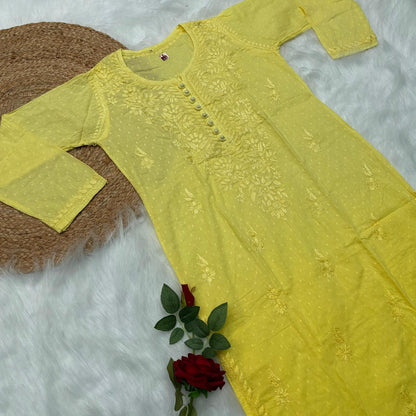 Adaah Ombre Shaded Dobby Cotton Chikankari Kurti -Yellow