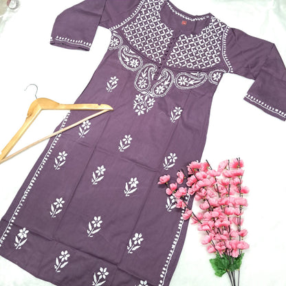 Adiva Pure Cotton Chikankari Handwork Kurti - Wine Colour