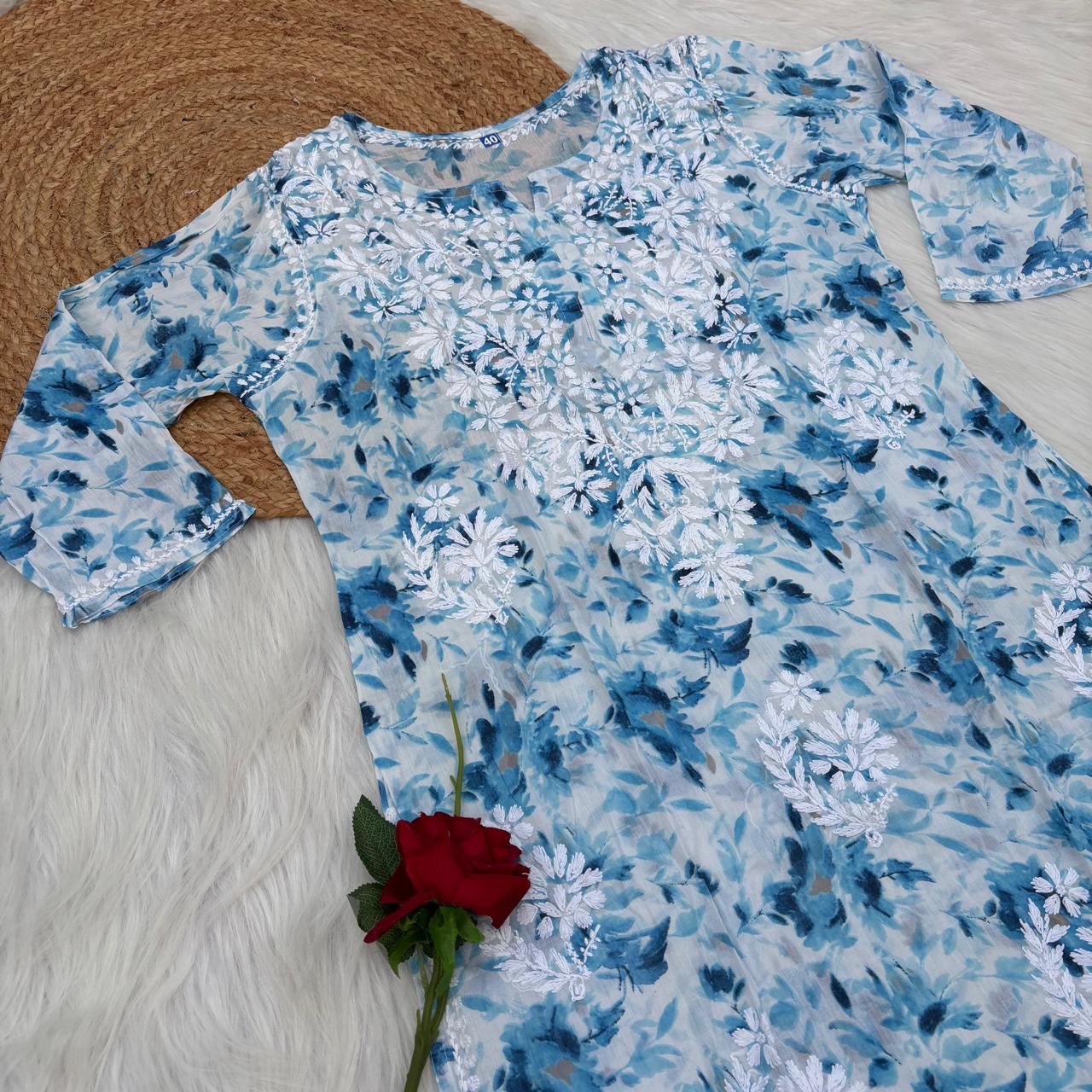 Amara Pure Mulmul Chikankari  Handwork Kurti -Blue Colour