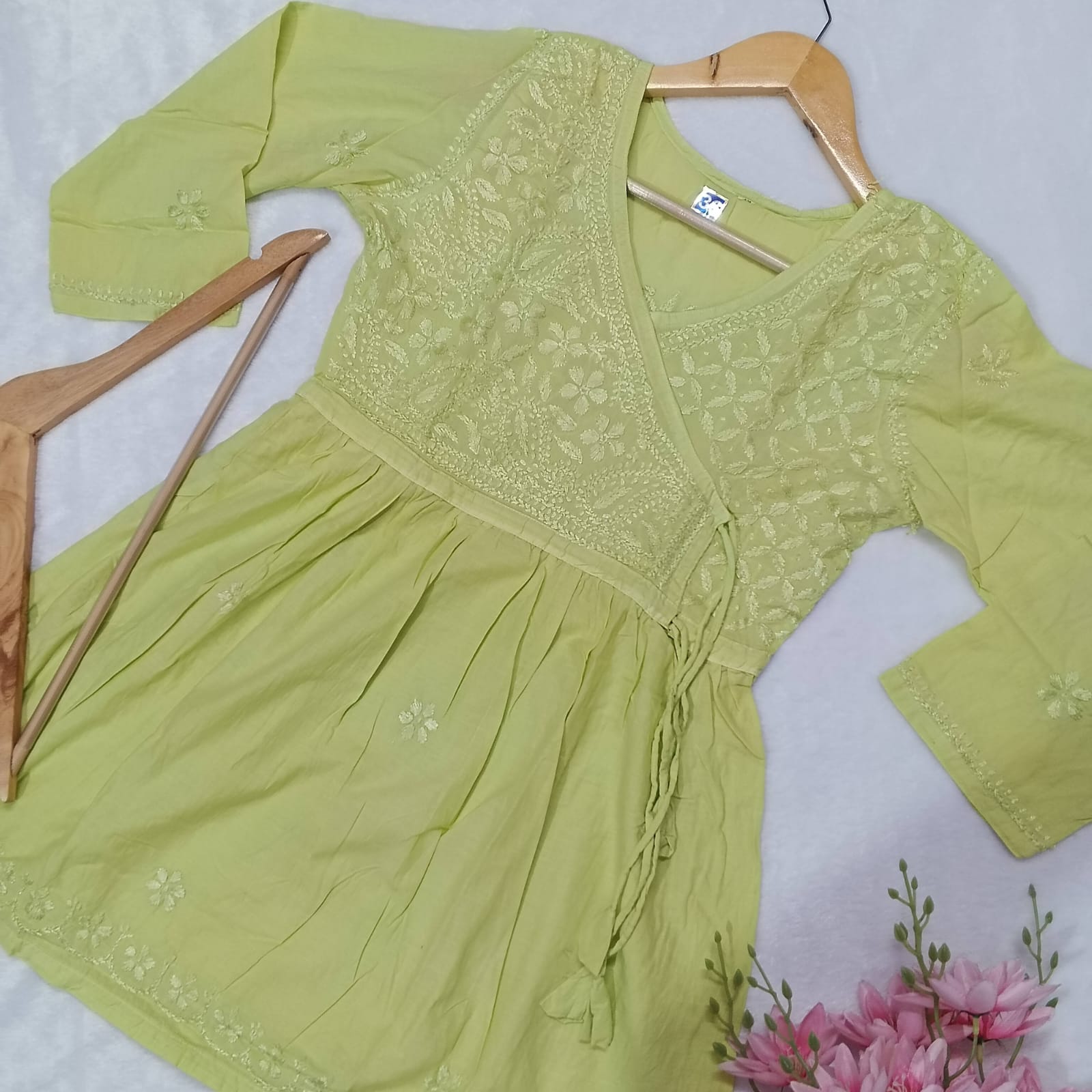 DOBBY COTTON CHIKANKARI 
SHORT ANGARAKHA GOWN - ELACHI GREEN COLOUR - chikankaar