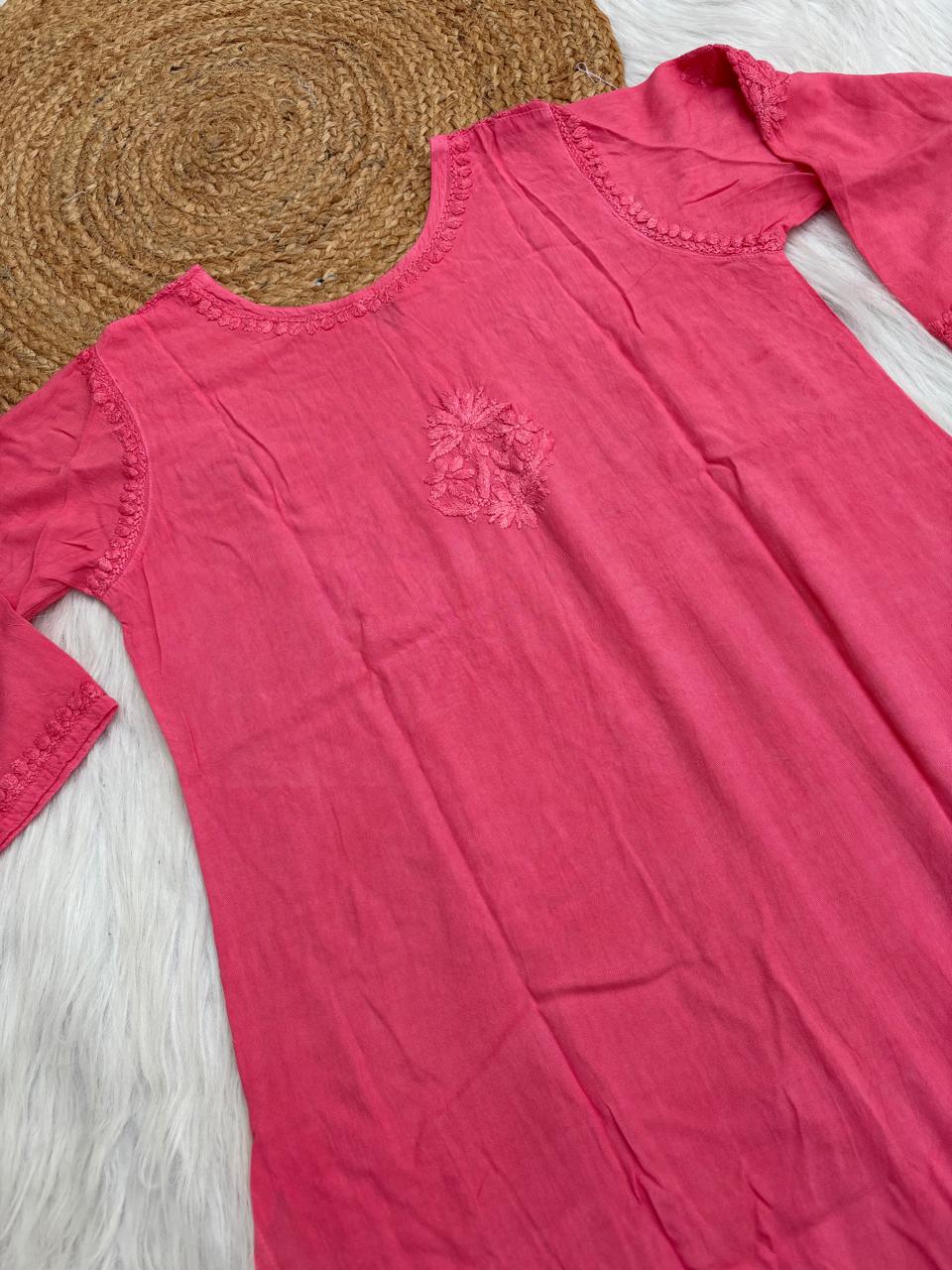Kiara Dyeable Soft Rayon Handwork Chikankari Kurti - Gazri Colour