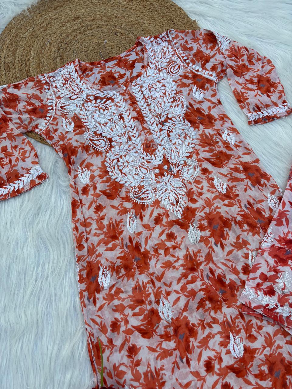 Hadaya Mulmul Cotton Chikankari Kurti Set - Orange Colour