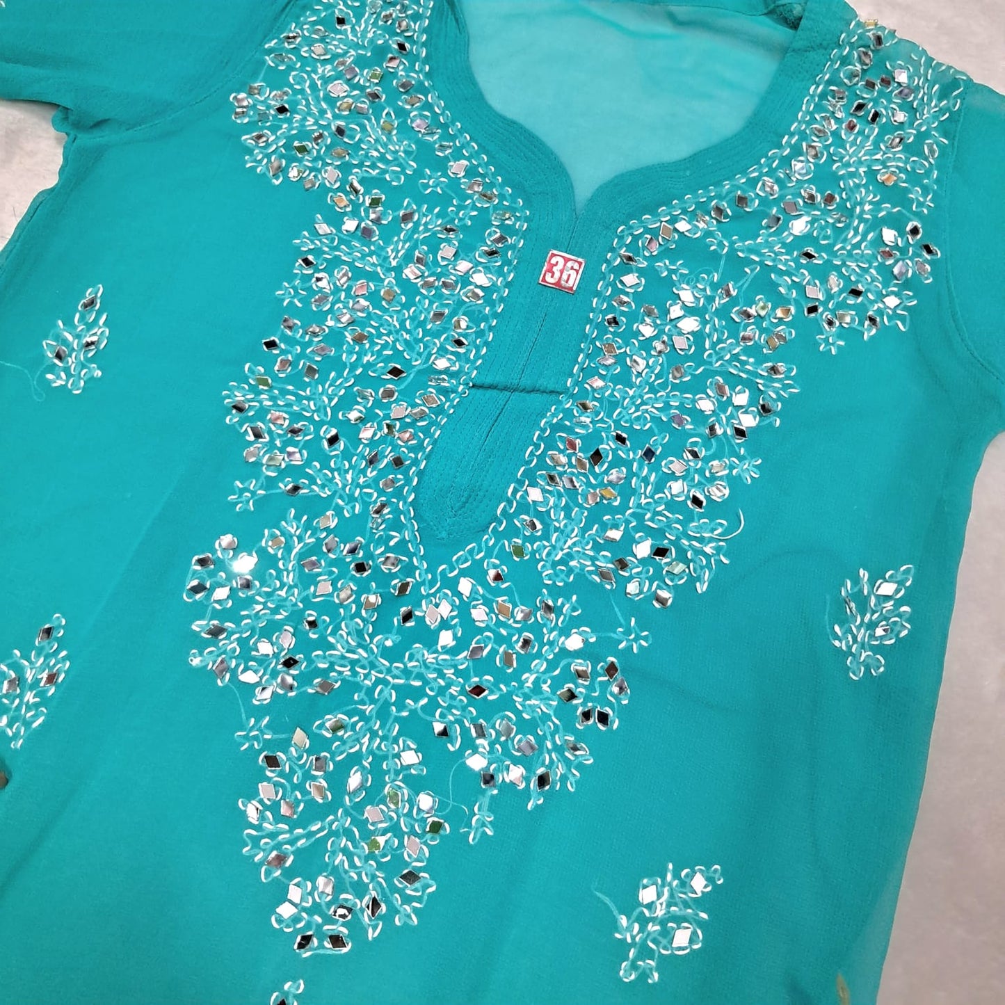 Georgette Mirror Work Chikankari Kurti With Inner - Sea Green Colour