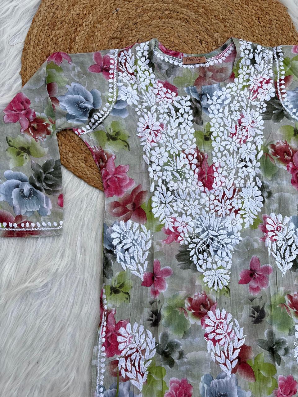 Najma Pure Mulmul Chikankari Handwork Kurti - Parrot Green Colour