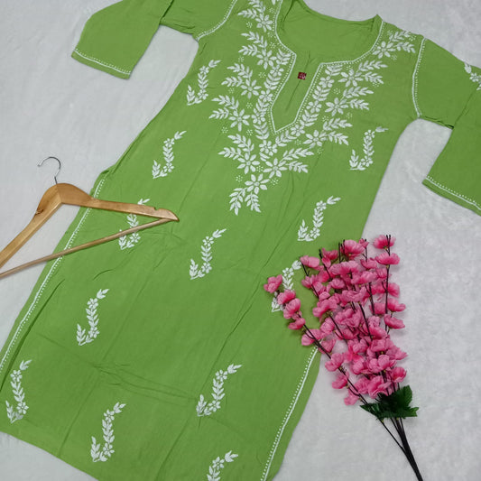 Pure Rayon Chikankari Ghas Patti Work Kurti - Parrot Colour Colour