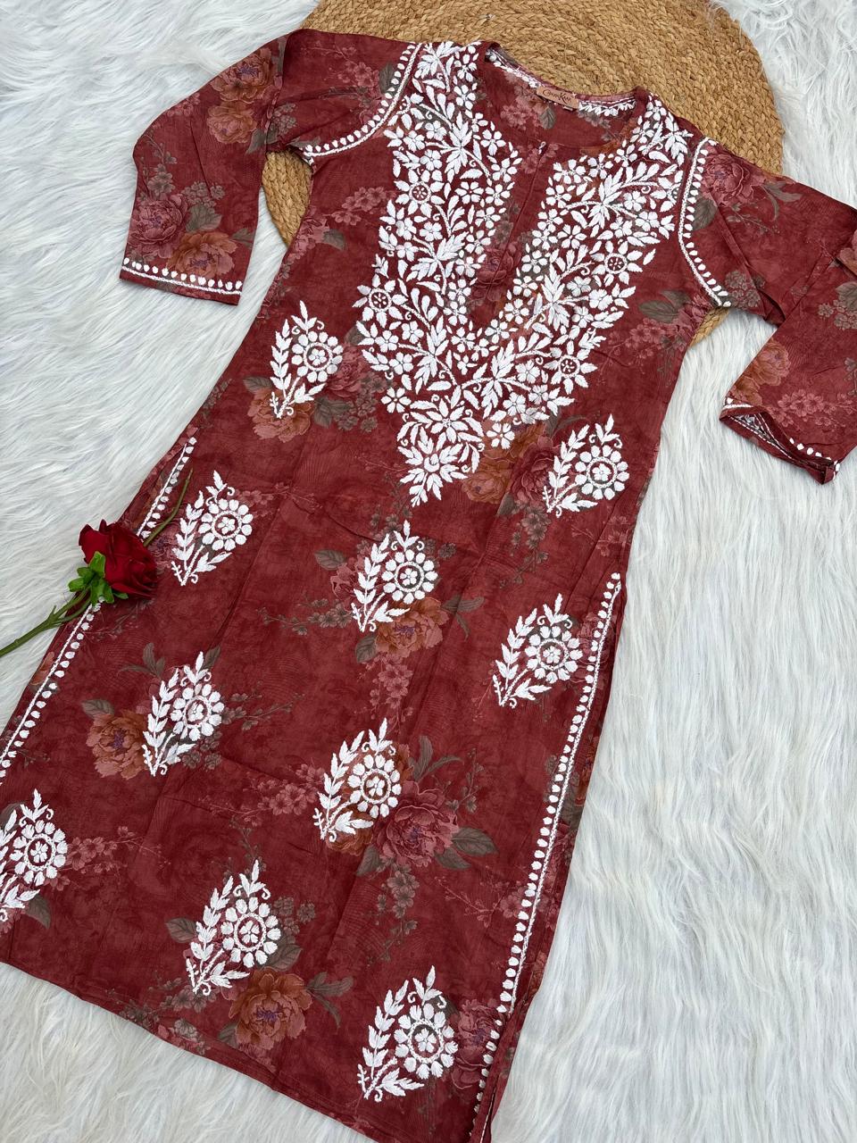 Zaina Pure Mulmul Chikankari Handwork Kurti - Brick Red Colour