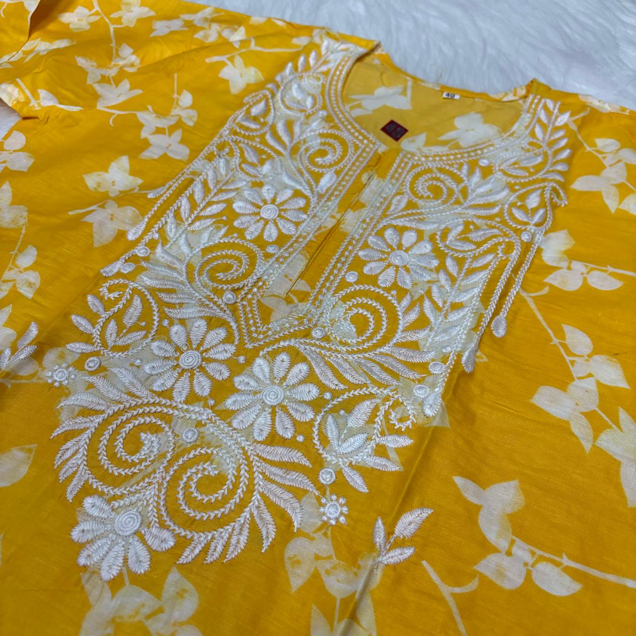 Mulmul Cotton Chikankari Machine Work Kurti - Yellow Colour