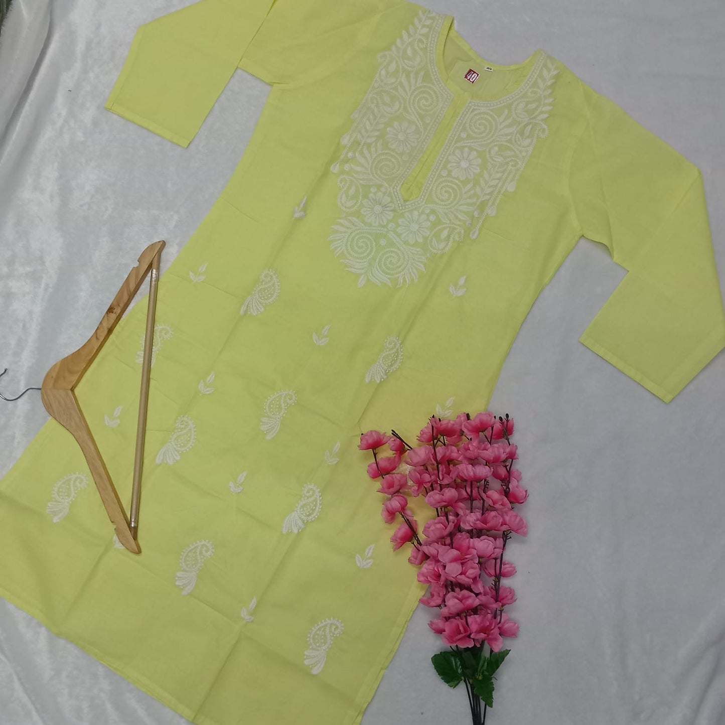 Cotton Machine Work Chikankari Kurti -Lemon Colour