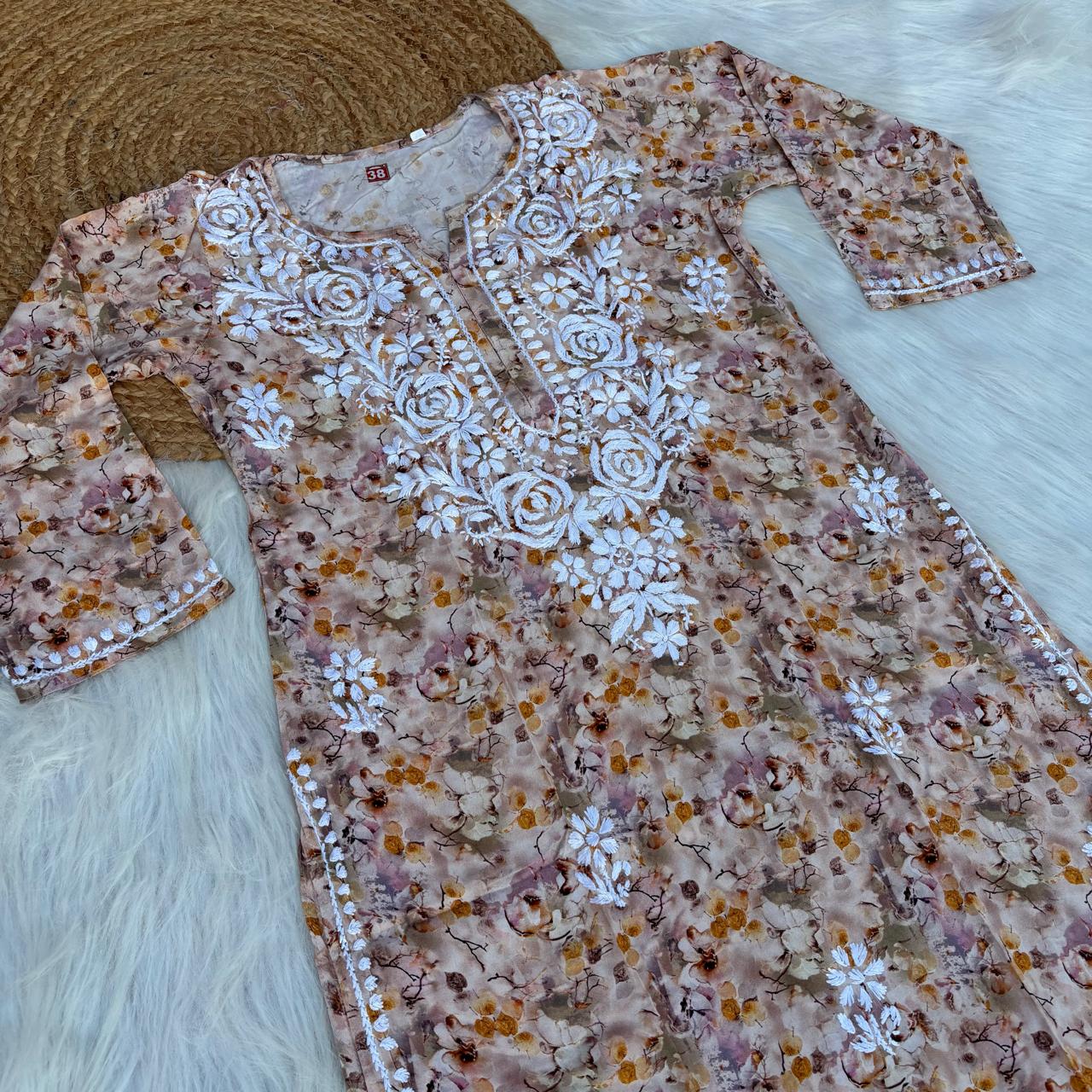 Hina Rayon Rose work Lucknowi Chikankari kurti - Cream Colour