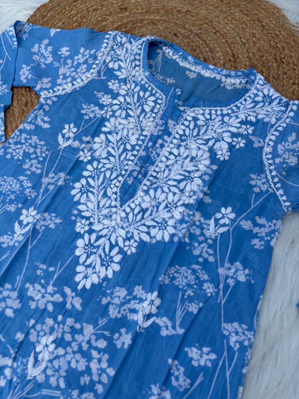 Sidra Pure Mulmul Chikankari Handwork Kurti - Blue Colour
