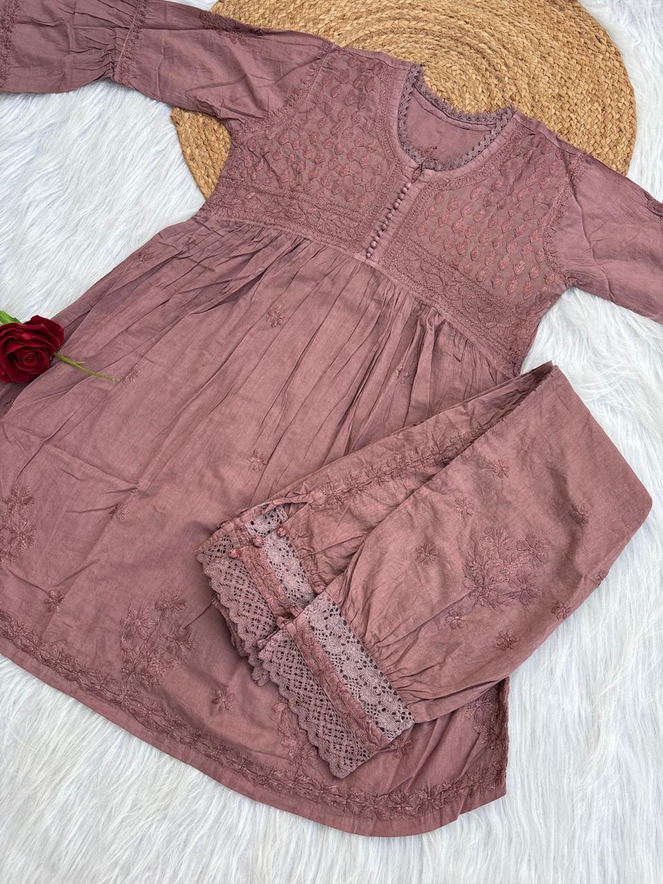 Laila Dobby Cotton Frock Style Short Kurti with Afghani Pant - Brown Color