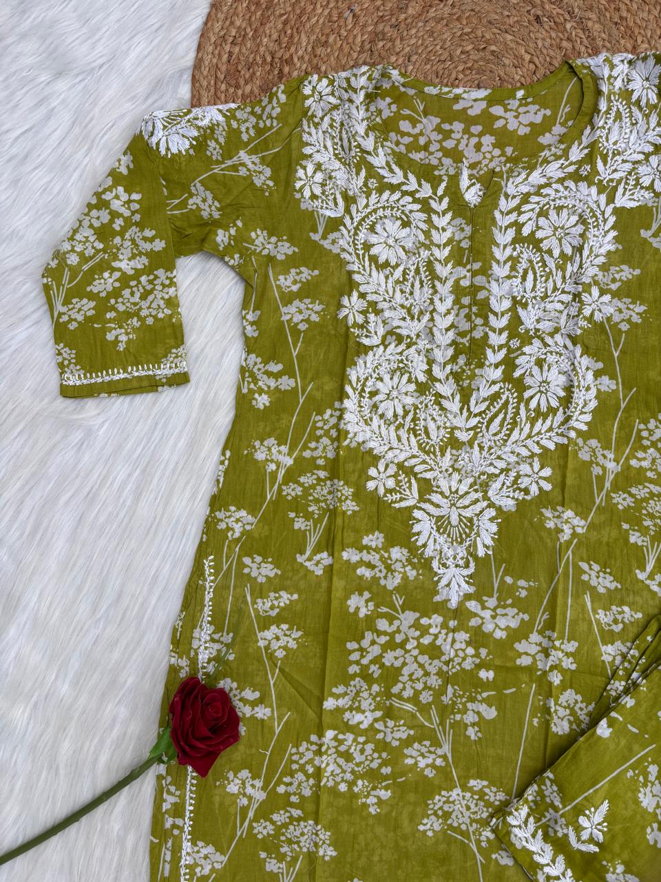 Jiya Mulmul Cotton Handwork Chikankari Kurti Set - Green Colour