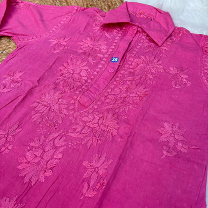 Sadia Dobby Cotton Ombre Shaded Chikankari Kurti with Collar - Pink Colour
