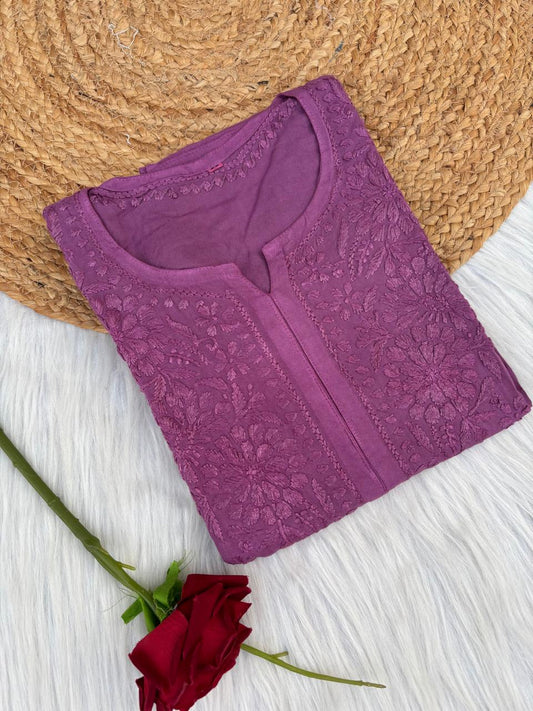 Rabab Dyeable Soft Rayon Handwork Chikankari Kurti - Wine Colour
