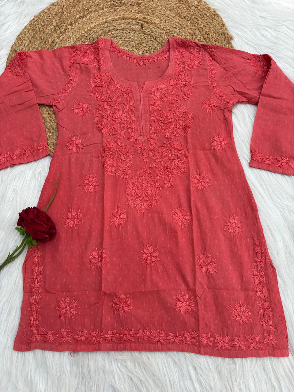 Ziva Soft Dobby Cotton Lucknowi Handwork Chikankari Short Kurti - Gazri Colour