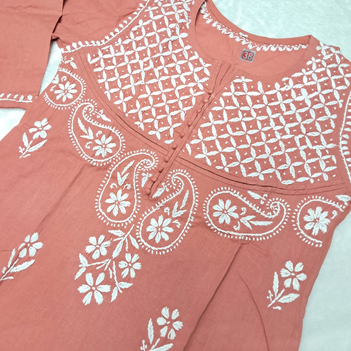 Adiva Pure Cotton Chikankari Handwork Kurti - Peach Colour