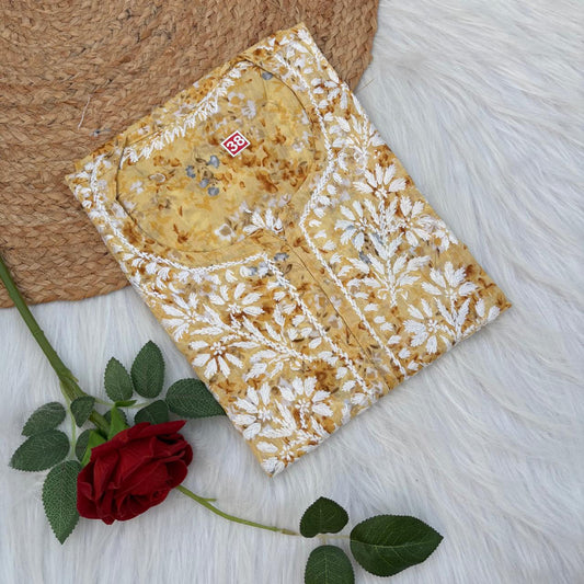 Rania Pure Mulmul Chikankari Handwork Kurti - Yellow Colour