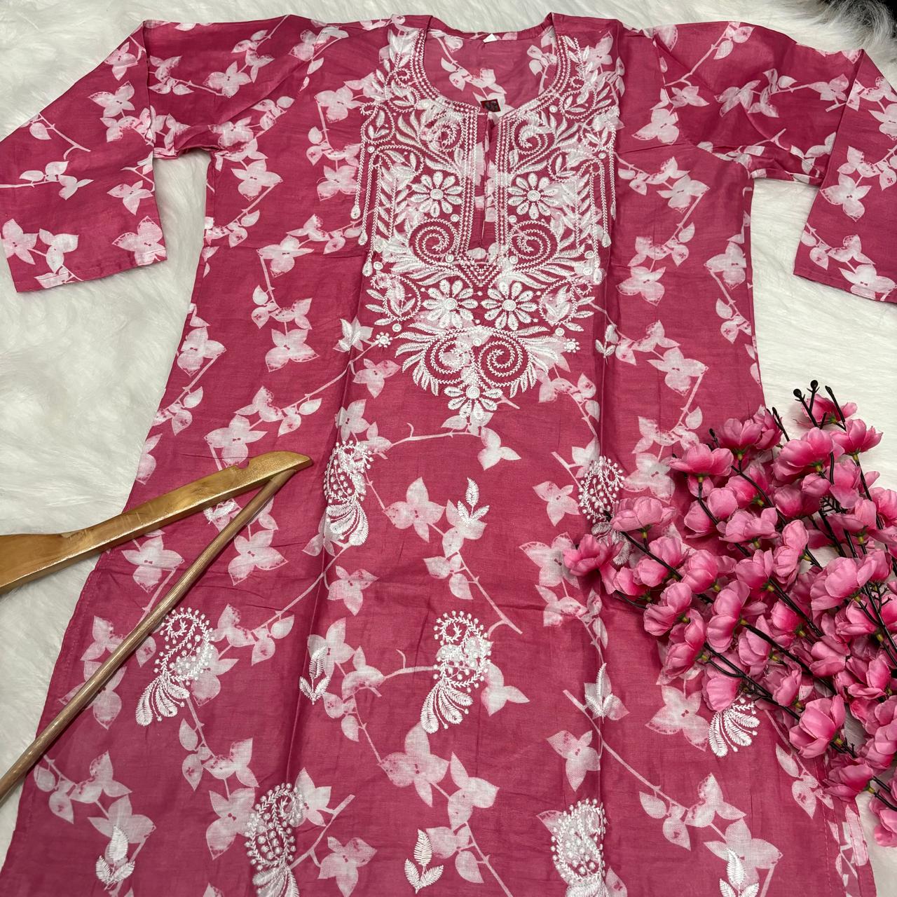 Mulmul Cotton Chikankari Machine Work Kurti - Pink Colour