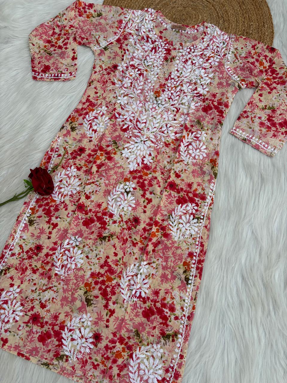 Fatima Pure Mulmul Chikankari  Handwork Kurti - Red Colour
