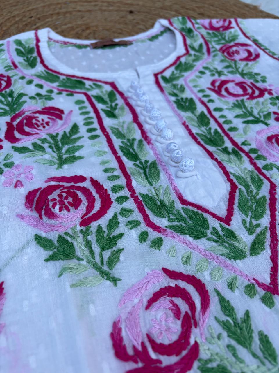 Seema Soft Dobby Cotton Lucknowi Chikankari Handwork Rose Work Kurti -Pink Colour