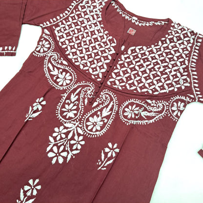 Adiva Pure Cotton Chikankari Handwork Kurti - Maroon Colour