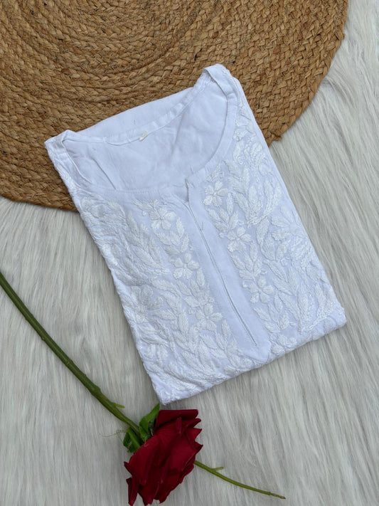 Simar Soft Rayon Handwork Chikankari Kurti- White Colour