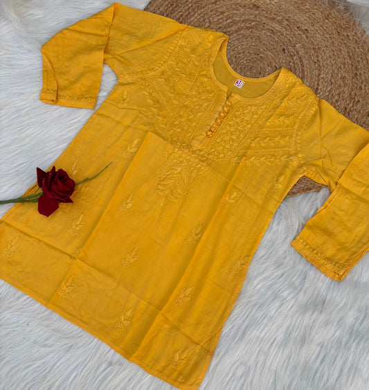 Zimal Dyeable Soft Rayon Chikankari Short Kurti - Yellow Colour