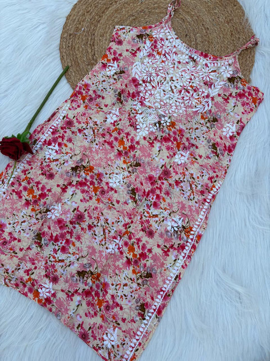 Hana Mulmul Chikankari Noodle Strap Short Kurti - Red colour (Length - 38")