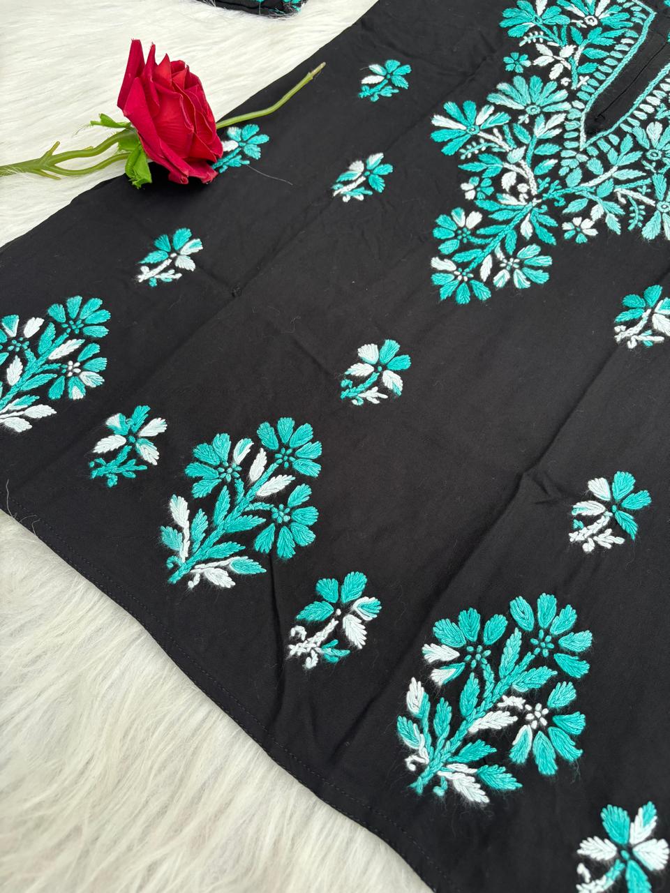 Mahek Soft Rayon Handwork Chikankari Short Kurti- Sea Green Colour