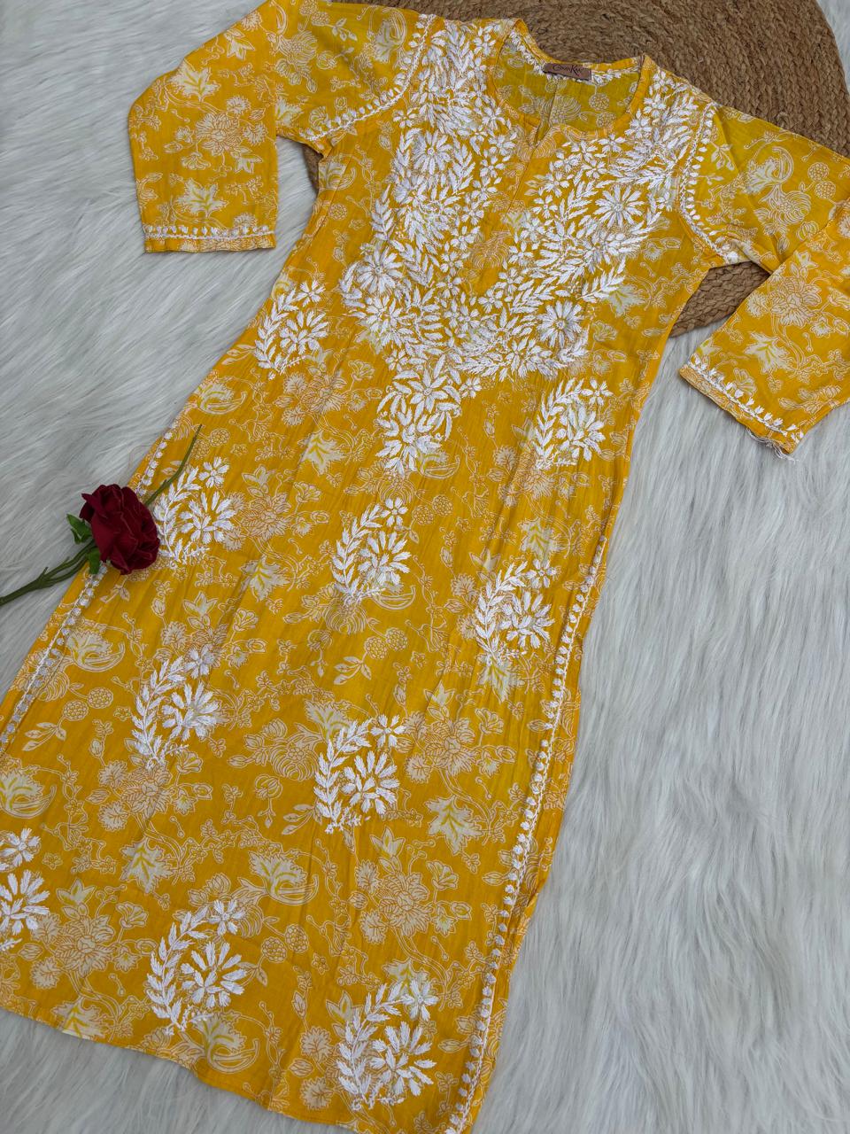 Sameera Pure Mulmul Chikankari Handwork Kurti - Yellow Colour