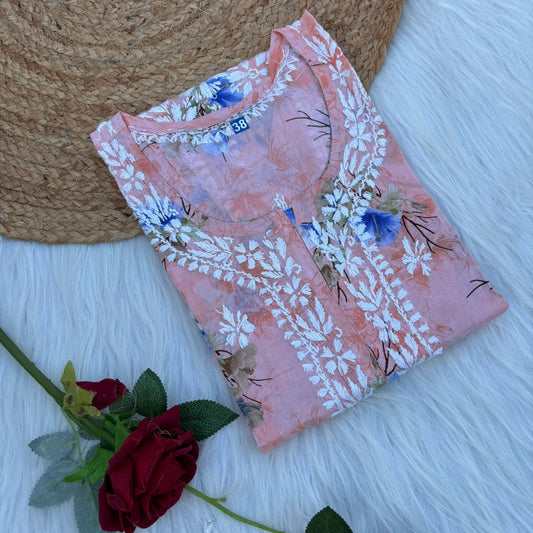 Rasha Pure Mulmul Chikankari Kurti - Peach Color