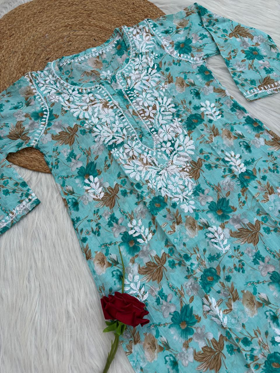 Alina Pure Mulmul Chikankari Handwork Kurti - Sea Green Colour