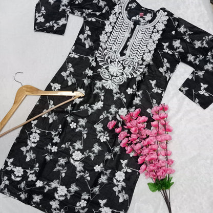 Mulmul Cotton Chikankari Machine Work Kurti - Black Colour