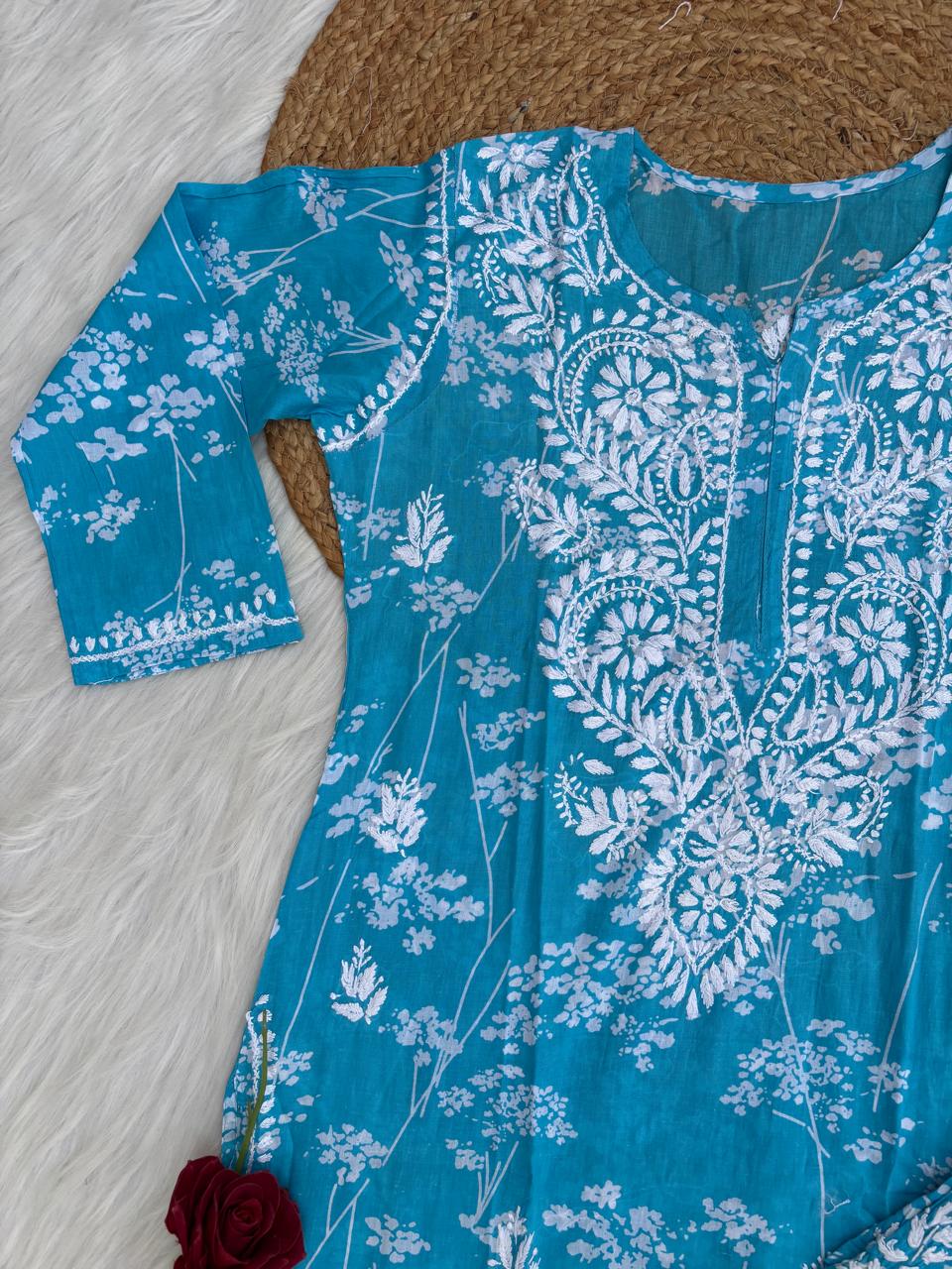 Jiya Mulmul Cotton Handwork Chikankari Kurti Set - Blue Colour