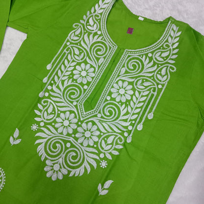 Cotton Machine Work Chikankari Kurti -  Parrot Green Colour